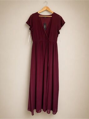 Lulu's Wine Red Wrap-Front Maxi Dress with flutter sleeve